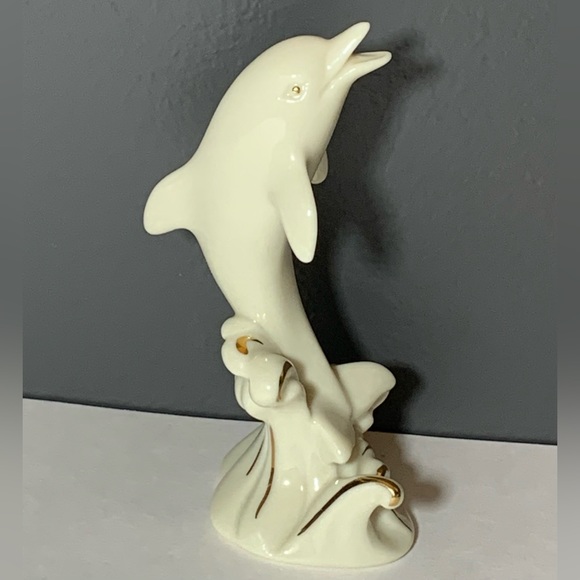 Lenox Other - Lenox Porcelain Dolphin Figurine Swimming On Waves Ivory Colored Gold Tone Rim